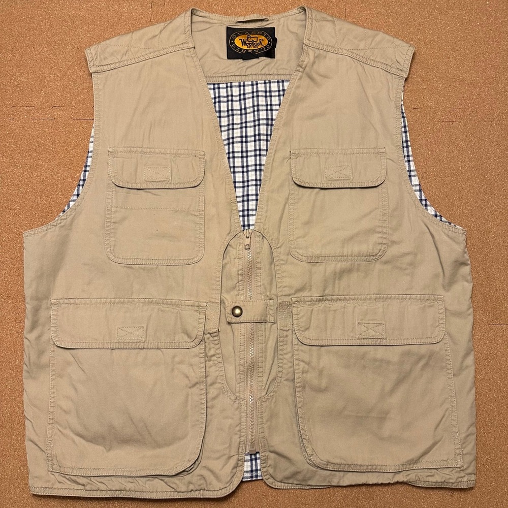 Woolrich Utility Vest Mens Large Tan Khaki Cotton Fishing Hiking Multi-Pocket L